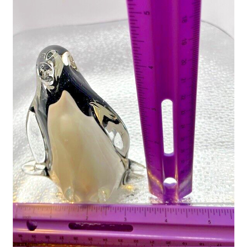 Murano Style Art Glass Penguin 4.25” X 3.5" Clear, Black & White - Picture 8 of 8